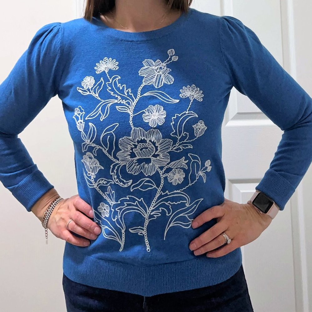LOFT Floral Embroidered Puff Sleeve Sweater